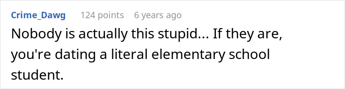 Screenshot of an online comment about a gullible lady taking her boyfriend's prank seriously in a text format.