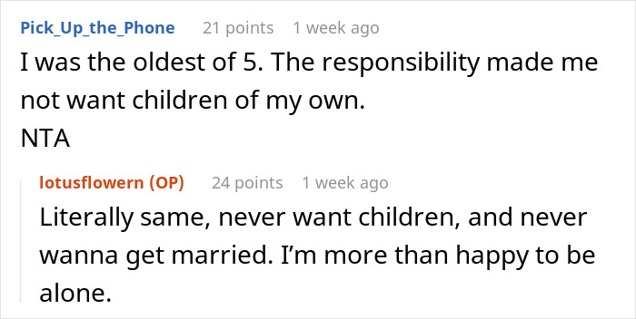 Reddit comments discussing personal feelings about family responsibility and sister family parenting drama.