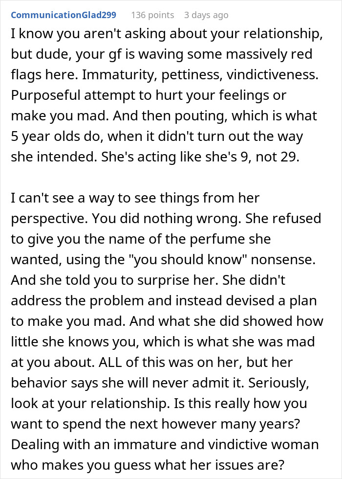 Woman upset boyfriend likes her gift, showing relationship issues with immaturity and vindictiveness.