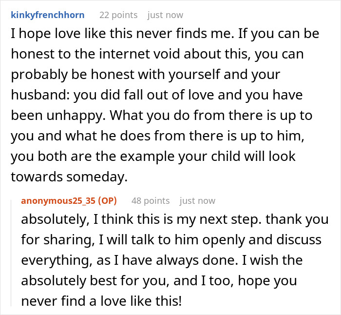 Screenshot of an online conversation about a wife realizing lack of comfort from husband and responding with same effort. Screenshot of an online conversation about a wife realizing lack of comfort from husband and responding with same effort.