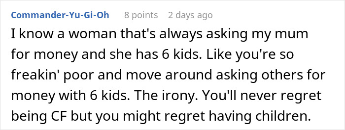 Commenter discusses irony of a woman with six kids asking for money, linked to the theme of forgetting number of kids.