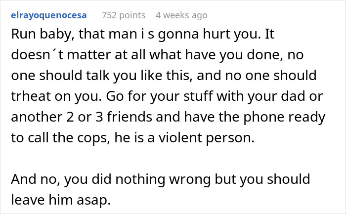 Text post featuring advice urging a woman to leave her violent boyfriend after questioning if conversations with her boss were inappropriate.