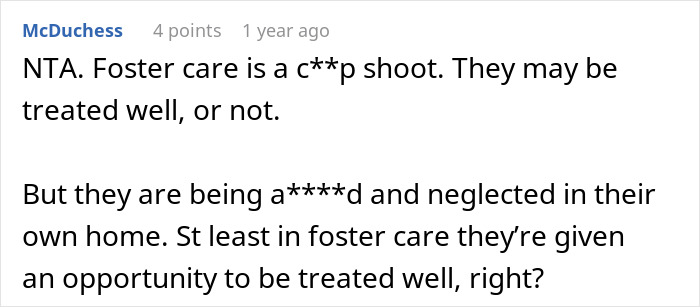 Screenshot of an online comment discussing foster care and neglect related to a teen escaping a horrible family.