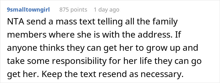 Text post from 9smalltowngirl advising to send a mass text to family about pregnant sister homeless shelter location for support.