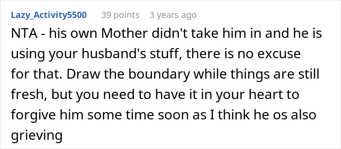 Screenshot of a Reddit comment discussing a woman kicking late husband's brother and his kids out for using his clothes and stuff.
