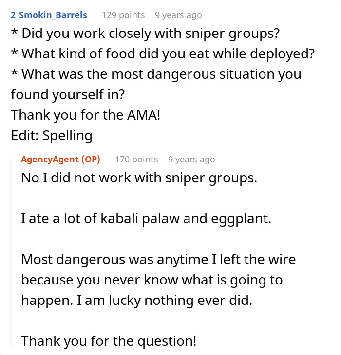 Reddit conversation showing a former CIA case officer answering questions about deployment and dangers in an AMA session.