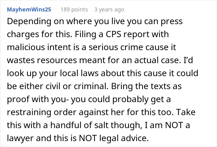 Comment discussing legal options for new parents facing false CPS accusations due to malicious intent by a family member. Comment discussing legal options for new parents facing false CPS accusations due to malicious intent by a family member.