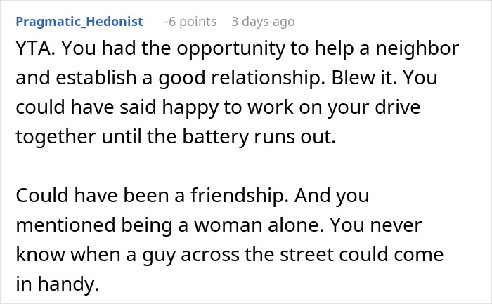 Screenshot of a comment discussing a woman refusing to lend her new snow blower to a neighbor she never met.