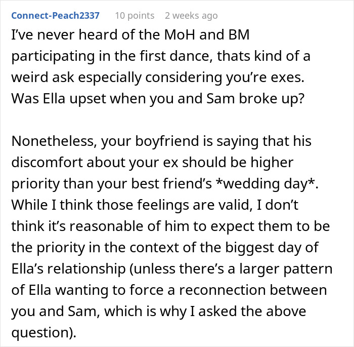 Comment on boyfriend&rsquo;s reaction showing his true face as girlfriend does her maid of honor duties at friend&rsquo;s wedding.