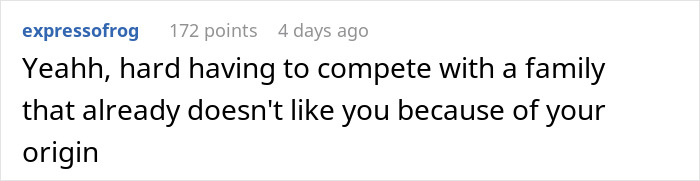 Screenshot of a Reddit comment about family conflict, reflecting emotions tied to a woman confessing fianc&eacute; is just background.