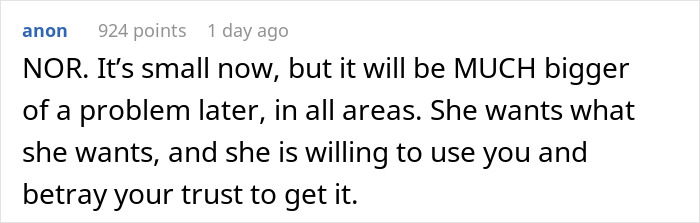 Comment discussing trust betrayal as boyfriend confronts girlfriend for using his credit card without permission.