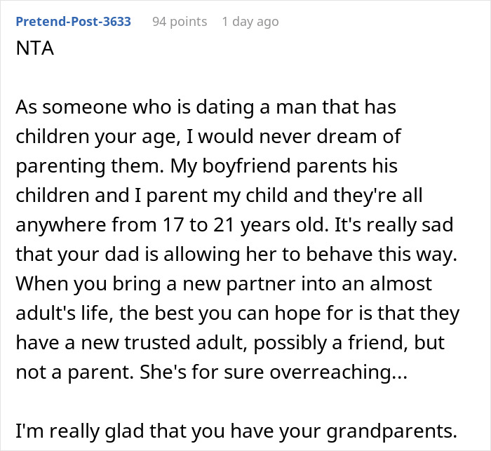 Comment on a woman trying to enforce family rules on her boyfriend&rsquo;s son who doesn&rsquo;t live with them.