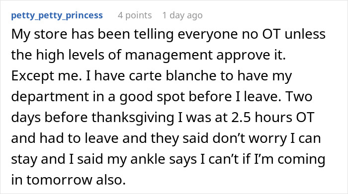 Comment about cashier compliance with no overtime rules during a crisis causing manager frustration in retail setting.