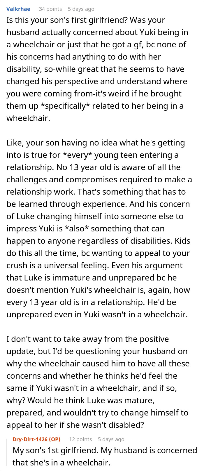 Comment discussion about an ableist dad worried about his 13-year-old son&rsquo;s relationship with a wheelchair user.