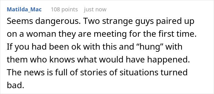 Comment discussing concerns about a nervous guy bringing his bestie as chaperone on a first date and the reaction to it.