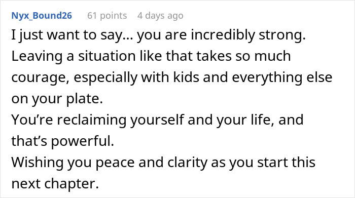 Comment expressing support for a woman leaving unwanted polyamory, highlighting courage and reclaiming life after three years.