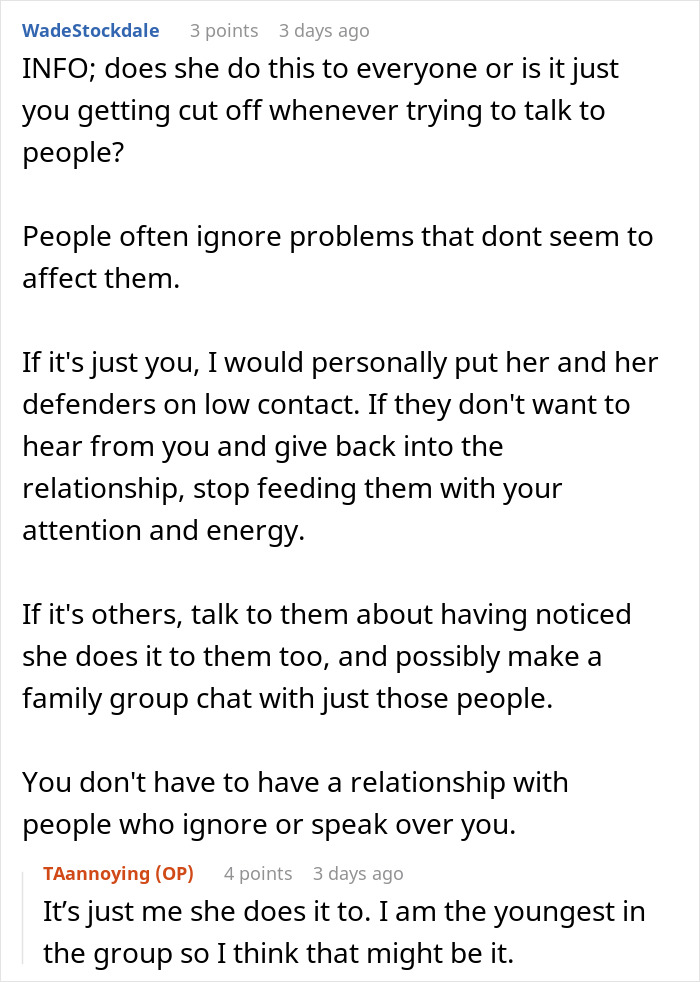 Forum discussion about a mom not letting sister have a conversation alone, always bringing up her kids repeatedly.