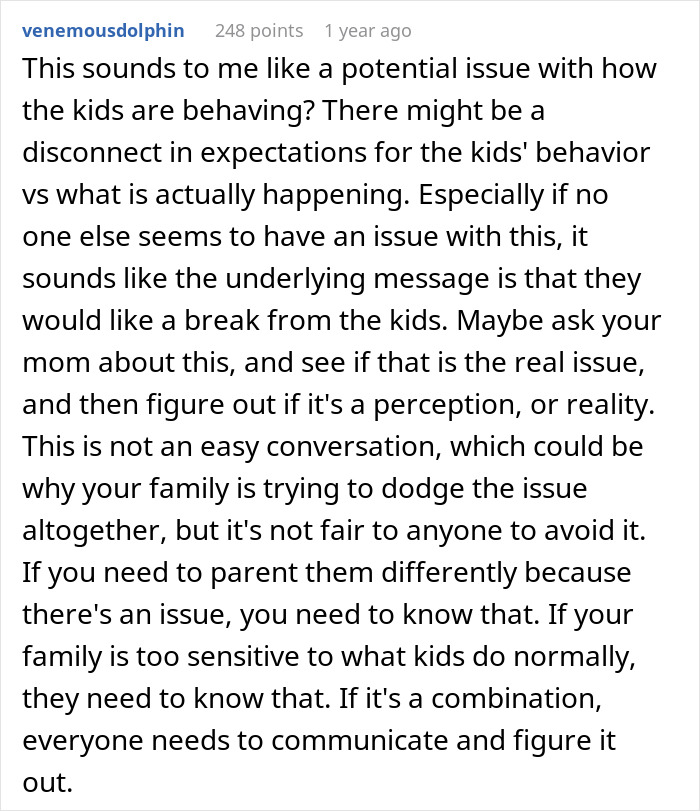 Comment discussing potential behavior issues with kids after woman tells family no kids allowed in her home, brother feels targeted.