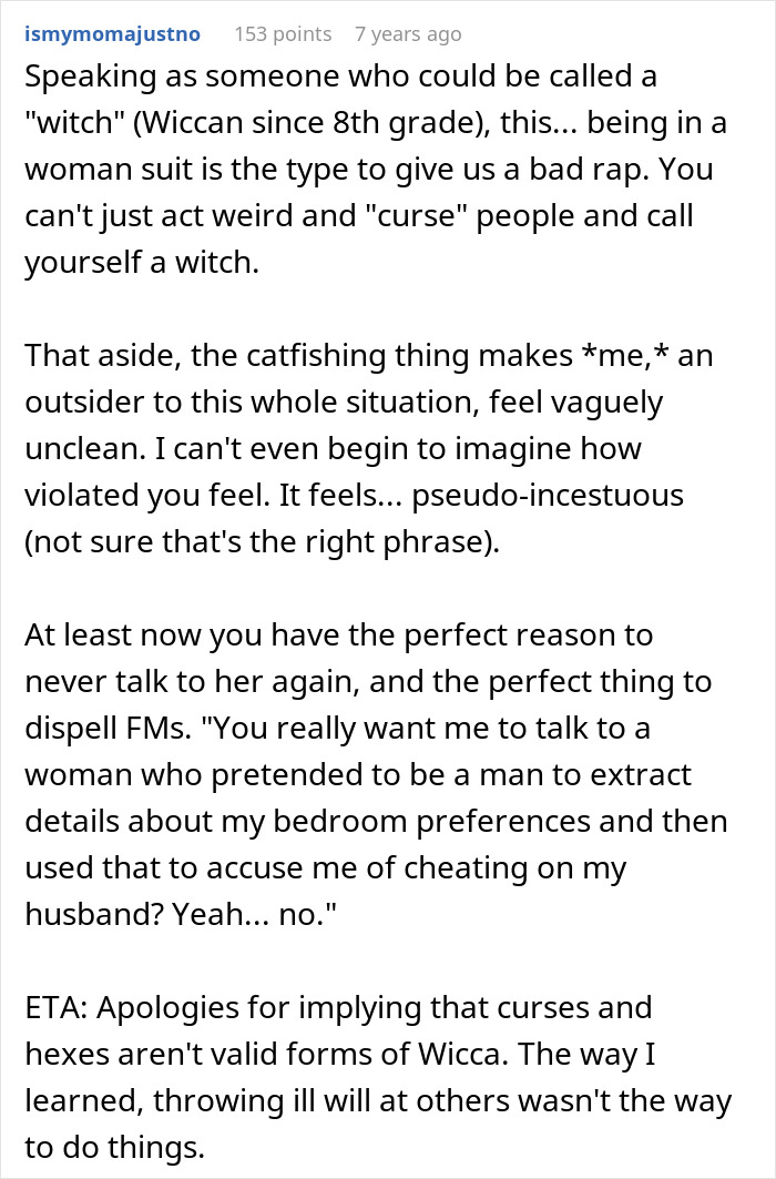 Text screenshot showing a detailed comment about a MIL trying to catfish woman to prove cheating, with a strong reaction.