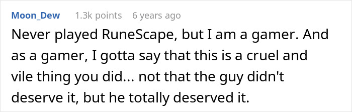 Comment on Reddit discussing RuneScape, gamer reaction, and consequences of cheating in a relationship. - 62