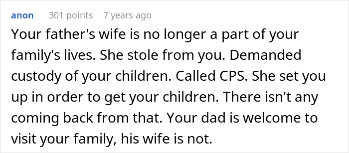 Text post discussing a couple suspecting step-mom stole their food and involved CPS to take their children.