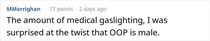Screenshot of an online comment discussing medical gaslighting related to a man&rsquo;s 35 years of throat pain mystery.