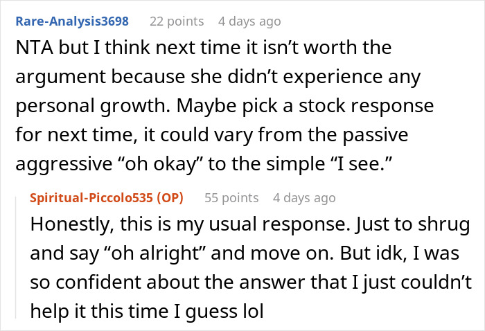 Screenshot of an online discussion where a woman pushes back when her mother-in-law claims to know her husband better.