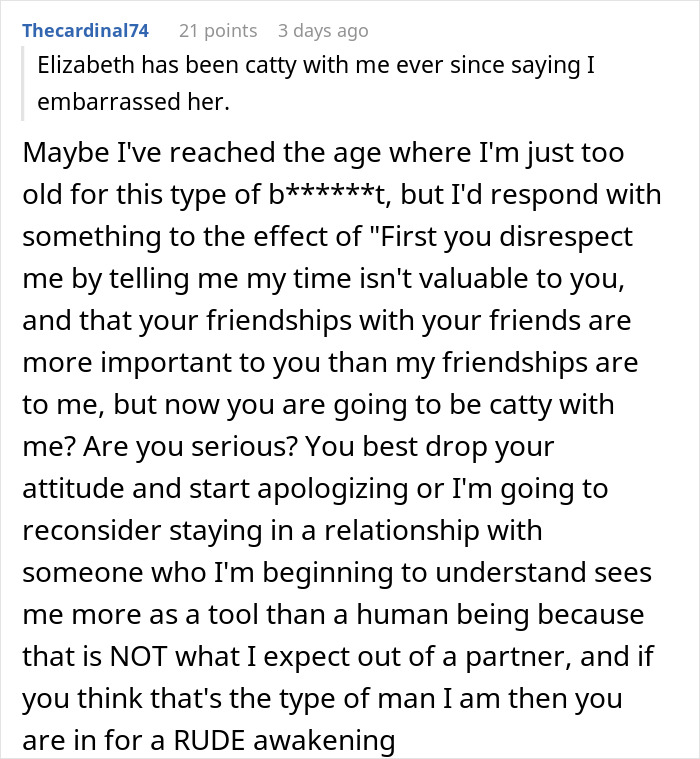 Woman volunteers boyfriend for free labor, acts insulted when he refuses, showing relationship tension over respect and boundaries.