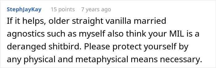 Screenshot of a Reddit comment criticizing MIL&rsquo;s attempt to catfish a woman and warning to protect oneself from her actions.