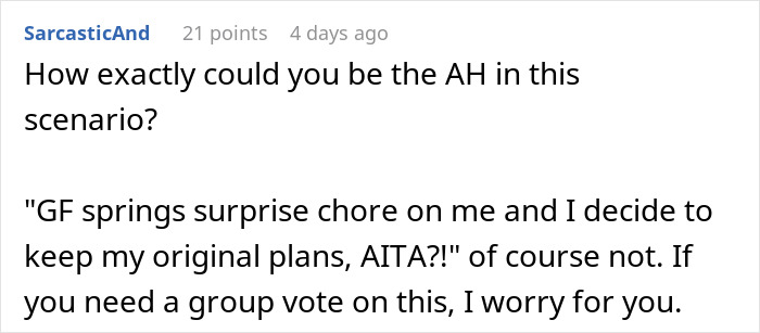 Screenshot of a Reddit comment discussing a woman volunteering her boyfriend for free labor and his refusal causing tension.