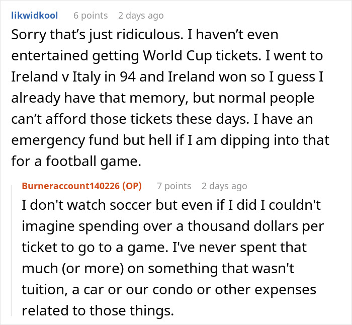 Wife horrified as jobless spouse drains emergency fund on essential World Cup tickets causing family financial strain