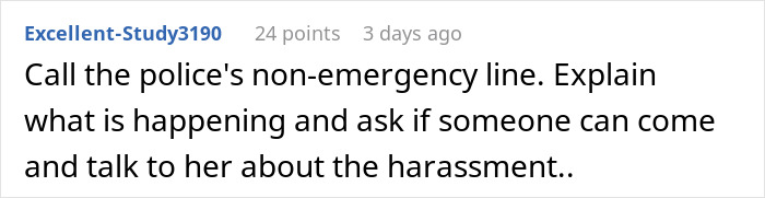Comment text on a social platform advising to call the police non-emergency line about harassment from a neighbor.