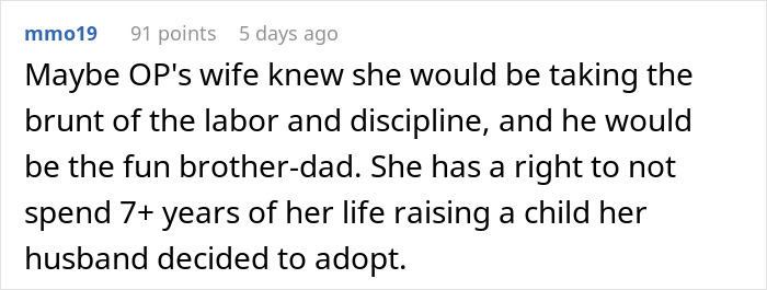 Comment discussing wife refusing to adopt underage sister, highlighting concerns about labor and discipline involved.