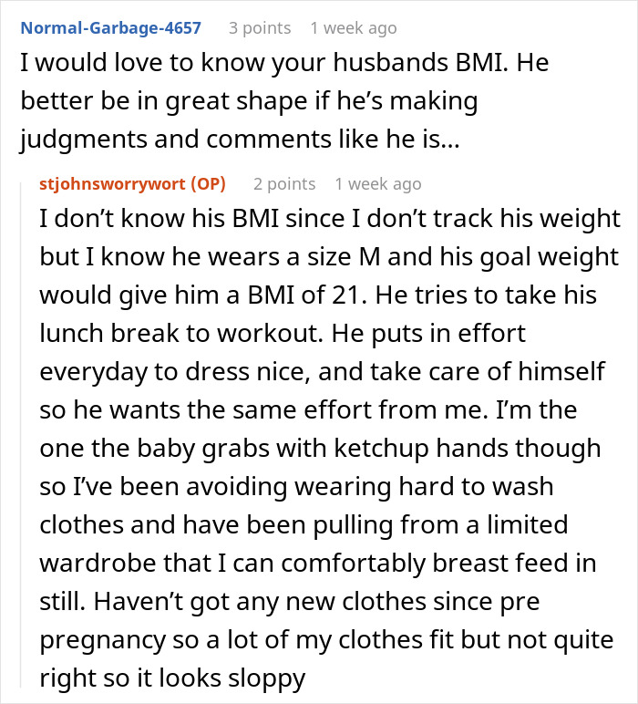 Online discussion showing a wife explaining her husband&rsquo;s pressure to lose weight after having a baby and using prescription meds.