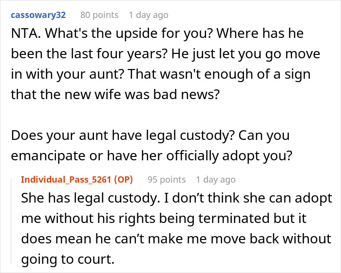 Reddit conversation about dad choosing new family over daughter and seeking her back after new wife cheats.