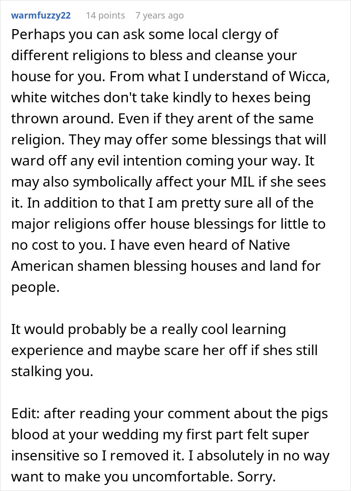 Comment discussing spiritual house blessings as a way to ward off negative intentions and possibly deter a MIL catfish attempt.