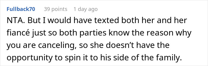 Screenshot of a Reddit comment discussing a woman who asks favors from family but doesn't reciprocate when they need help.