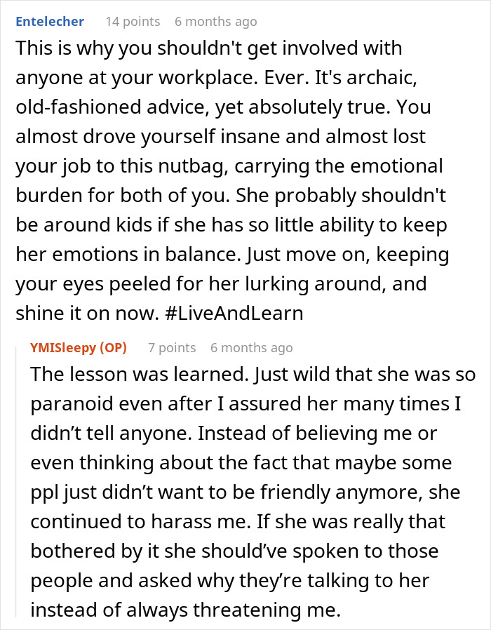 Alt text: User comments discussing a teacher's malicious threats at the workplace leading to coworker harassment and emotional distress.