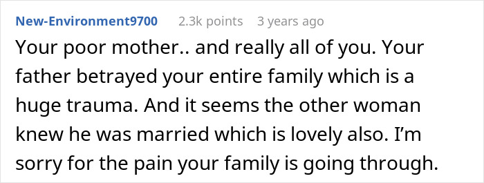 User comment expressing sympathy for a woman whose father had a secret son causing family trauma and betrayal.