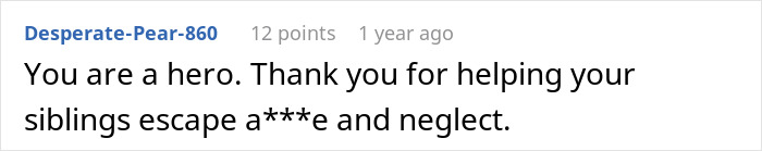 Reddit comment praising hero for helping siblings escape a***e and neglect from a horrible family and step-father.
