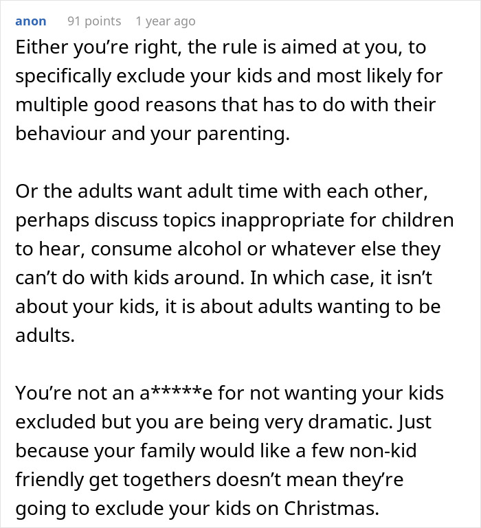 Comment discussing woman telling family no kids allowed in her home and brother feeling targeted over the rule.