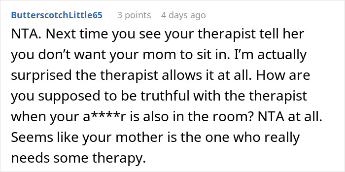 Screenshot of an online comment discussing teen regrets about being honest with therapist when mom faces CPS issues. Screenshot of an online comment discussing teen regrets about being honest with therapist when mom faces CPS issues.