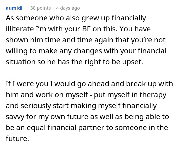 Comment discussing boyfriend giving girlfriend up to a year to fix finances before marriage decision is made.