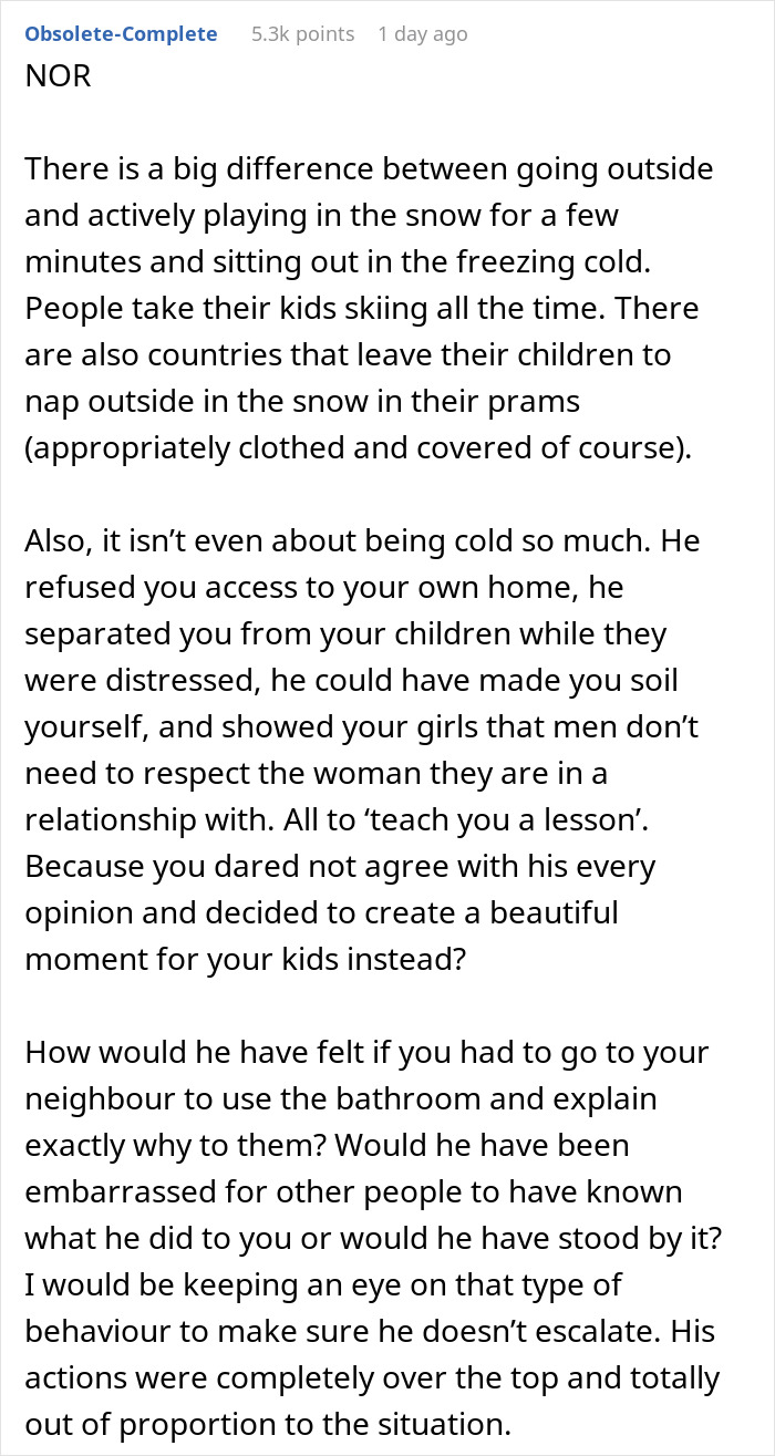 Text discussing a bossy man locking pregnant wife out in freezing weather while she waits outside shivering.