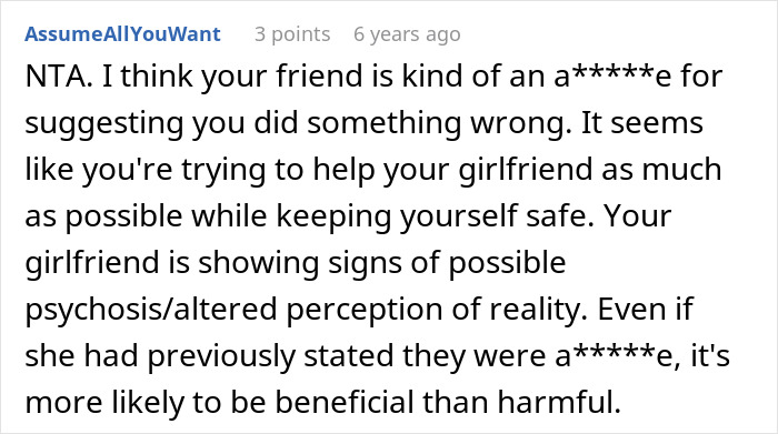 Screenshot of a Reddit comment discussing possible psychosis signs in a woman who was a psychiatric nurse turned patient.