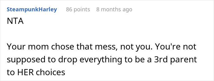 Screenshot of a Reddit comment discussing a teen feeling burdened as a third parent to seven kids at his mom&rsquo;s house.