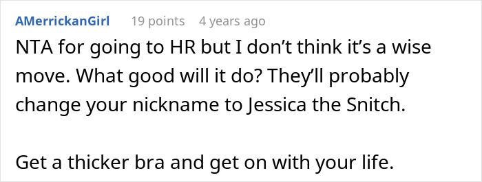 Screenshot of a forum comment advising to get a thicker bra after learning about work nickname embarrassment.