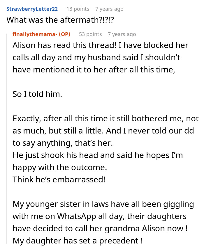 Screenshot of a family forum discussion showing a sassy teen putting grandma in her place, making her mom proud.