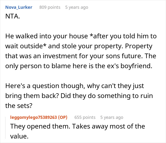 Text conversation discussing cheating ex-wife's boyfriend stealing expensive Lego sets, causing loss of value and legal trouble.