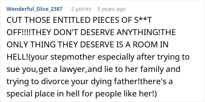 Screenshot of a forum comment expressing anger about inheritance disputes involving a stepmother and late husband's daughter.